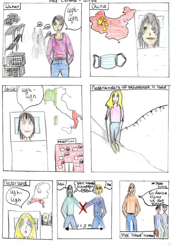 RHCVV: 0888, Coronacollectie Stichtse Vecht, Striptekening van een middelbare scholier uit Breukelen over de verspreiding van het coronavirus, 2020-2021.